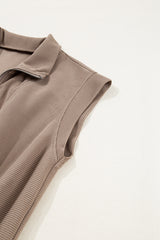 Dark Khaki Textured Short Sleeve Half Zip Drawstring Waist Romper Jumpsuits & Rompers JT's Designer Fashion