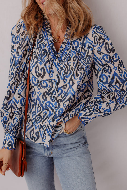 Blue Bohemian Print Embroidered V Neckline Detail Long Sleeve Shirt Blue 100%Cotton Blouses & Shirts JT's Designer Fashion