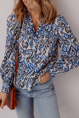 Blue Bohemian Print Embroidered V Neckline Detail Long Sleeve Shirt Blue 100%Cotton Blouses & Shirts JT's Designer Fashion