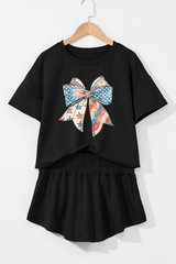 Black American Flag Inspired Bow Print Relaxed Tee and Skort 2pcs Outfit Graphic Sets JT's Designer Fashion