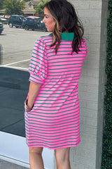 Rose Stripe Collared V Neck Puff Sleeve Shift T Shirt Dress with Pockets Plus Size Mini Dresses JT's Designer Fashion