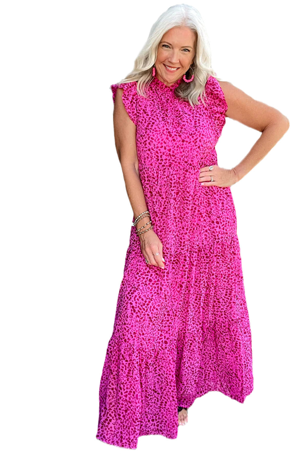 Rose Red Leopard Print Ruffled Trim Tiered Long Dress Maxi Dresses JT's Designer Fashion