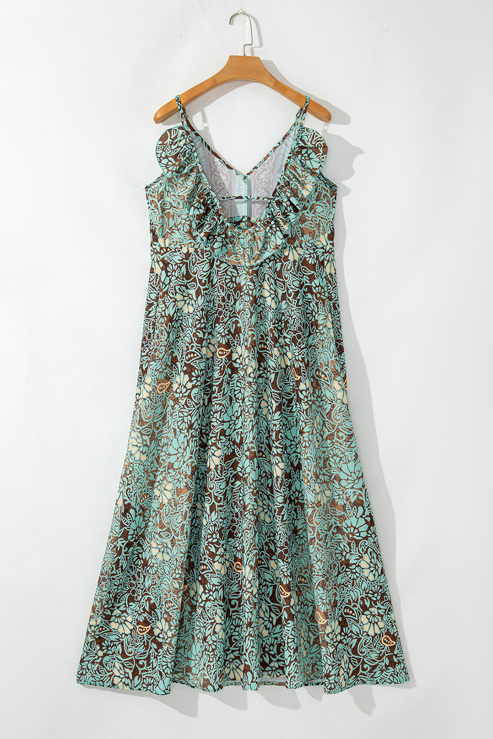 Green Floral Print V Neck Ruffled Trim Backless Tassel Waist Maxi Dress Floral Dresses JT's Designer Fashion