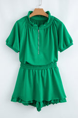 Sea Green Half Zip Puff Sleeve Top and Ruffled Shorts Set Short Sets JT's Designer Fashion