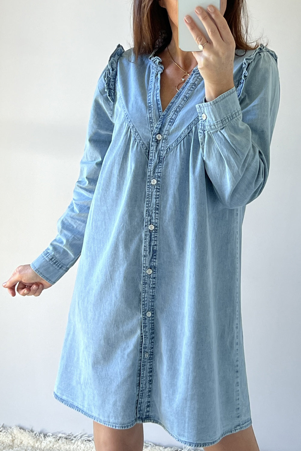 Myosotis Ruffled V Neck Buttoned Shift Denim Dress Mini Dresses JT's Designer Fashion