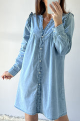 Myosotis Ruffled V Neck Buttoned Shift Denim Dress Mini Dresses JT's Designer Fashion