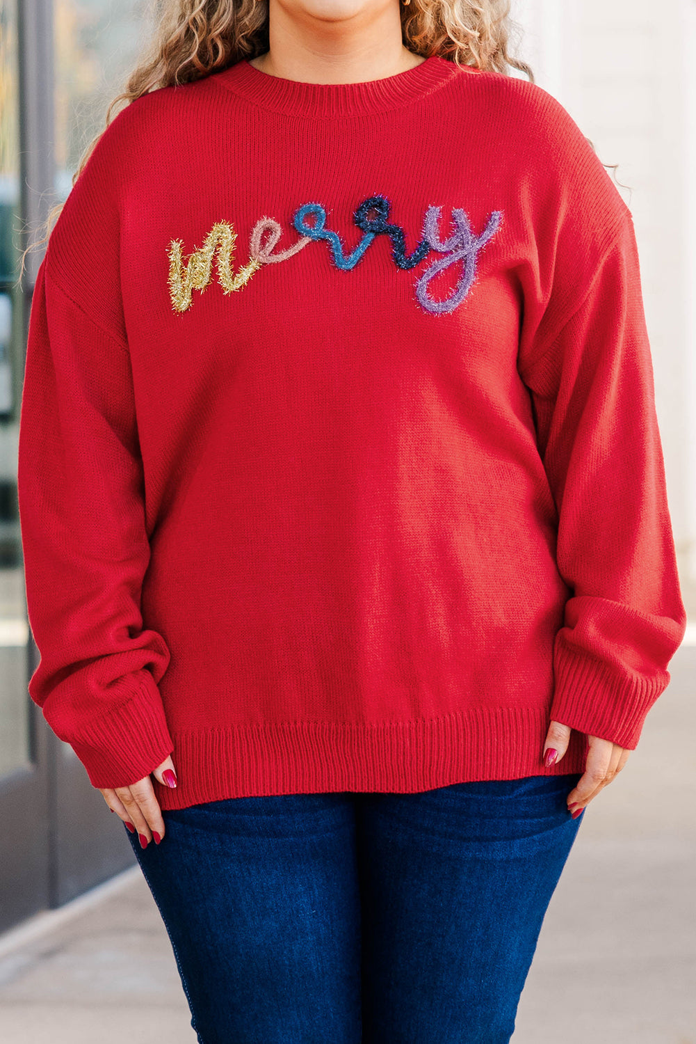 Fiery Red Tinsel merry Pattern Drop Shoulder Plus Size Sweater Plus Size Sweaters & Cardigans JT's Designer Fashion