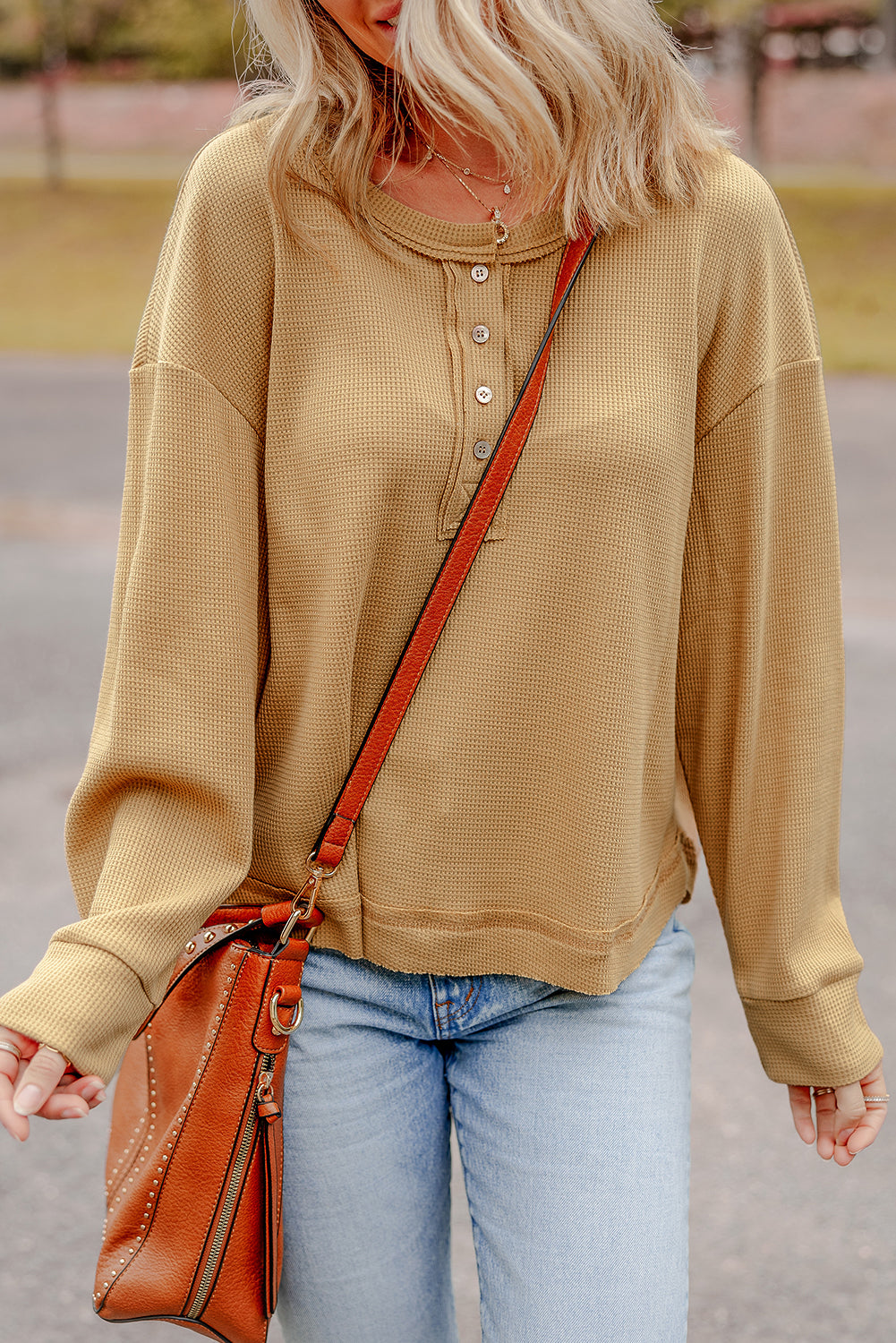 Camel Textured Knit Half Button Drop Shoulder Oversized Top Long Sleeve Tops JT's Designer Fashion