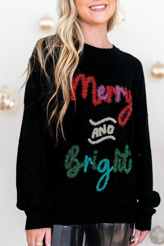 Black Tinsel Merry and Bright Graphic Christmas Sweater Black 50%Viscose+28%Polyester+22%Polyamide Sweaters JT's Designer Fashion