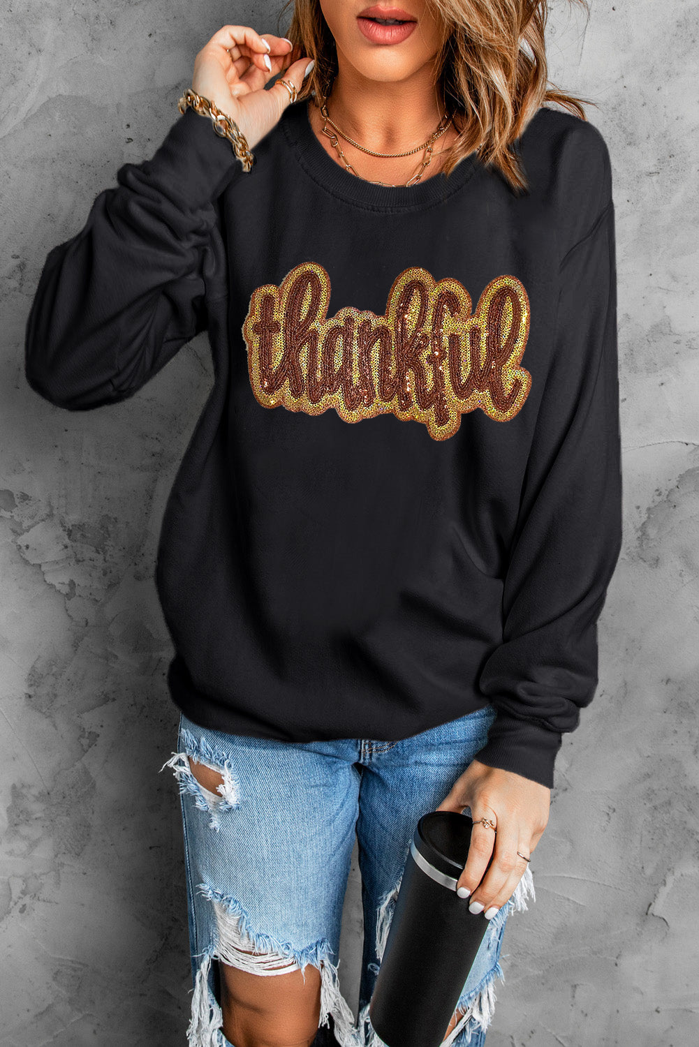 Black Glittering thankful Graphic Drop Shoulder Sweatshirt Graphic Sweatshirts JT's Designer Fashion
