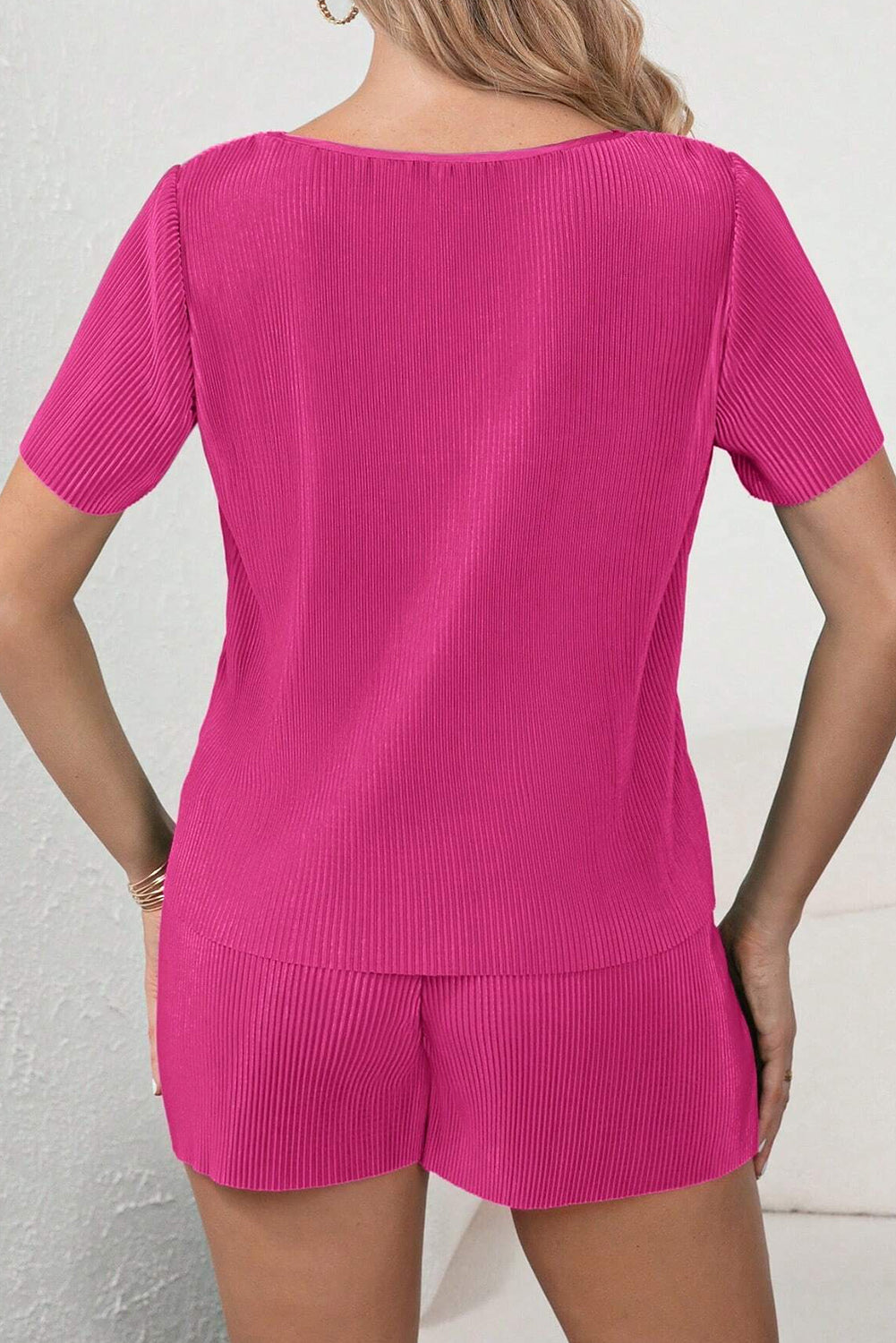 Bright Pink Casual Pleated Short Two-piece Set Short Sets JT's Designer Fashion