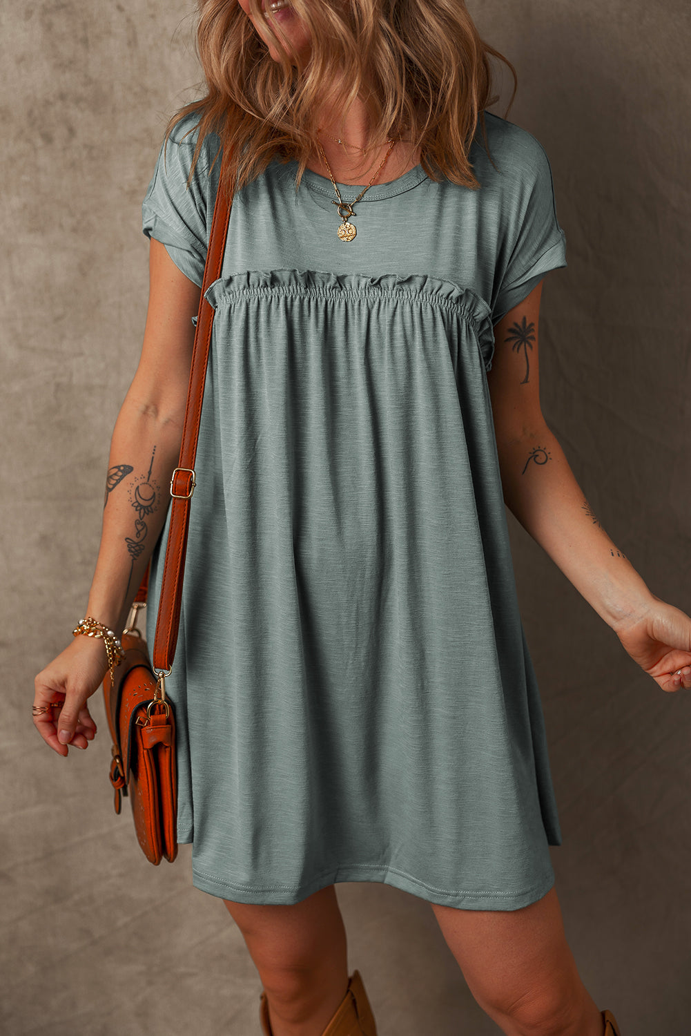 Mist Green Frilled Gathered Seam Round Neck T Shirt Dress Mist Green 65%Polyester+30%Viscose+5%Elastane T Shirt Dresses JT's Designer Fashion