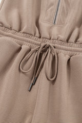 Dark Khaki Textured Short Sleeve Half Zip Drawstring Waist Romper Jumpsuits & Rompers JT's Designer Fashion