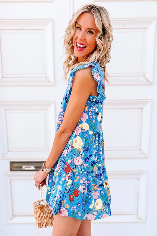 Sky Blue Floral Flutter Sleeve V Neck Ruffled Dress Floral Dresses JT's Designer Fashion