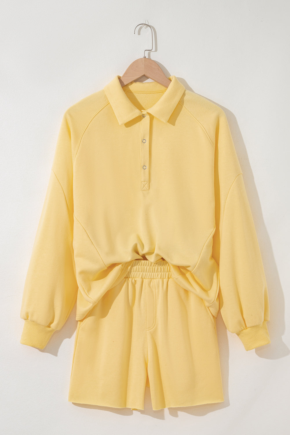 Yellow Cream Button Collar Drop Shoulder Pullover and Shorts 2pcs Outfit Short Sets JT's Designer Fashion