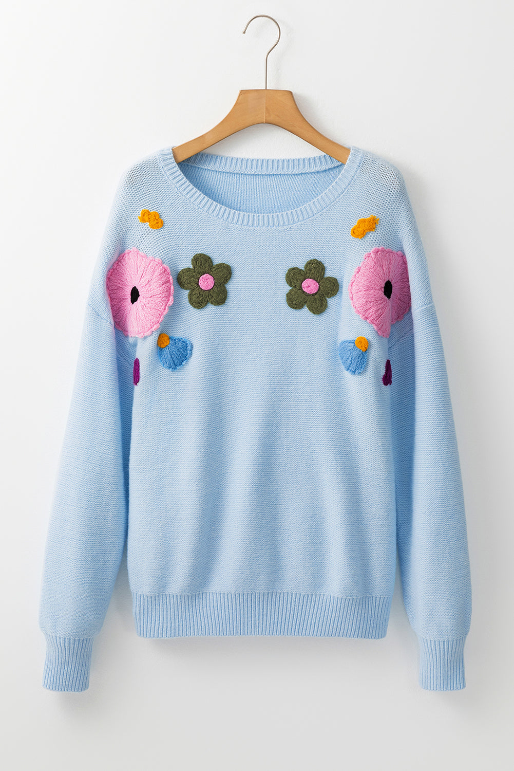 Light Blue Knitted Flower Pattern Ribbed Edge Sweater Sweaters JT's Designer Fashion
