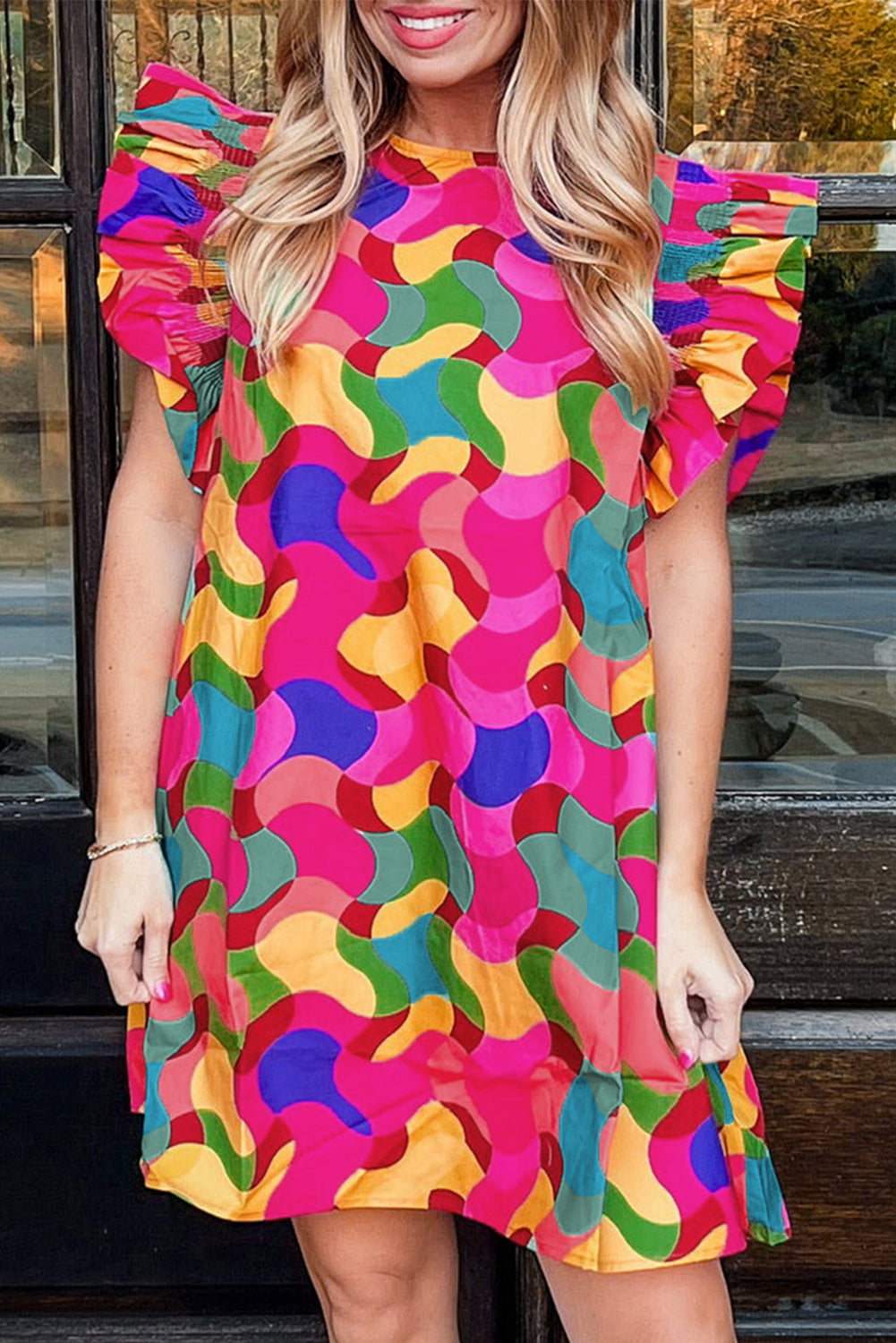 Rose Red Abstract Print Ruffle Sleeve Shift Dress Dresses JT's Designer Fashion