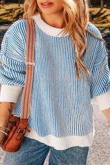 Dark Blue Striped Textured Knit Contrast Edge Loose Sweater Sweaters JT's Designer Fashion