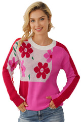Rose Red Floral Mixed Color Block Sweater Sweaters & Cardigans JT's Designer Fashion