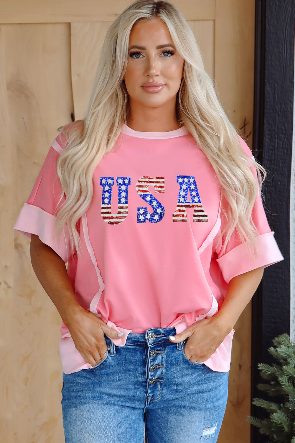 Peach Blossom USA Color Block High Low Crew Neck T Shirt Graphic Tees JT's Designer Fashion