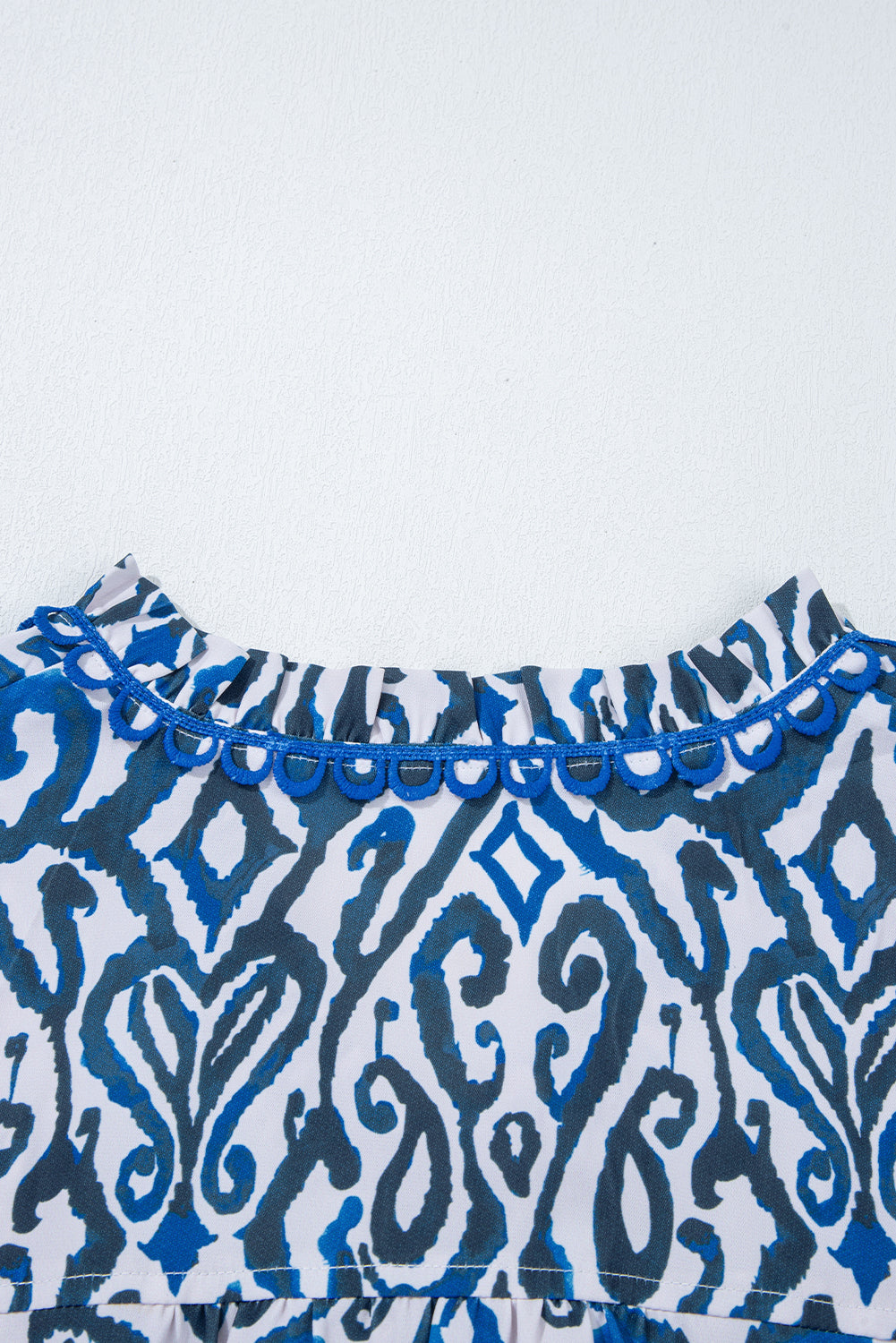 Blue Bohemian Print Embroidered V Neckline Detail Long Sleeve Shirt Blouses & Shirts JT's Designer Fashion
