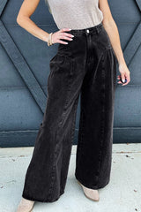Dark Grey Pleated Wide Leg Mineral Wash Denim Pants Jeans JT's Designer Fashion