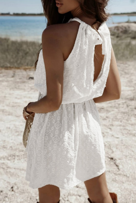 White Lace Sleeveless Knot Hollow Out Back Tied Waist Mini Dress Mini Dresses JT's Designer Fashion