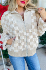 Khaki Checker Sherpa Corduroy Patchwork Zip up Collared Jacket Khaki 100%Polyester Jackets JT's Designer Fashion