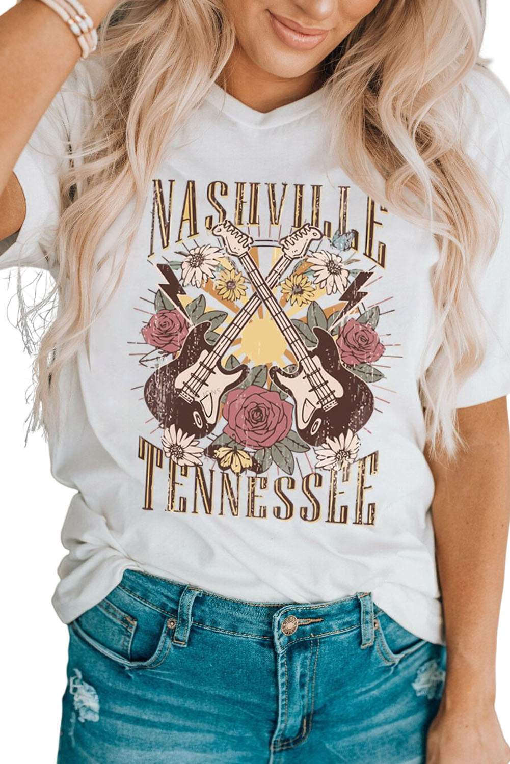 White Nashville Tennessee Guitar Rose Graphic Crewneck Tee Graphic Tees JT's Designer Fashion
