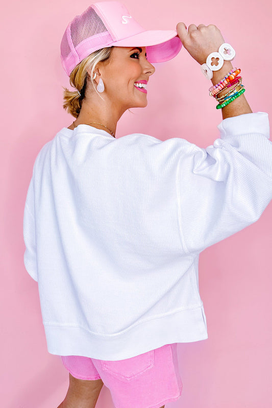 White Bowknot Pattern Corded Long Sleeve Drop Shoulder Top Long Sleeve Tops JT's Designer Fashion