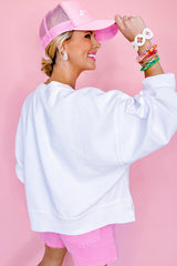White Bowknot Pattern Corded Long Sleeve Drop Shoulder Top Long Sleeve Tops JT's Designer Fashion
