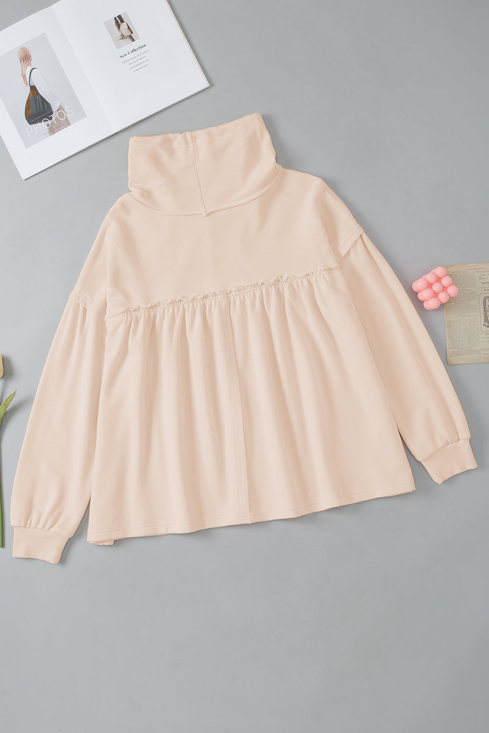 Beige Frill Exposed Seam Cowl Neck Oversized Sweatshirt Sweatshirts & Hoodies JT's Designer Fashion
