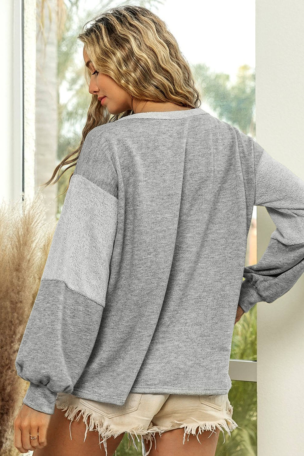 Gray Contrast Patchwork Double Chest Pocket Top Long Sleeve Tops JT's Designer Fashion