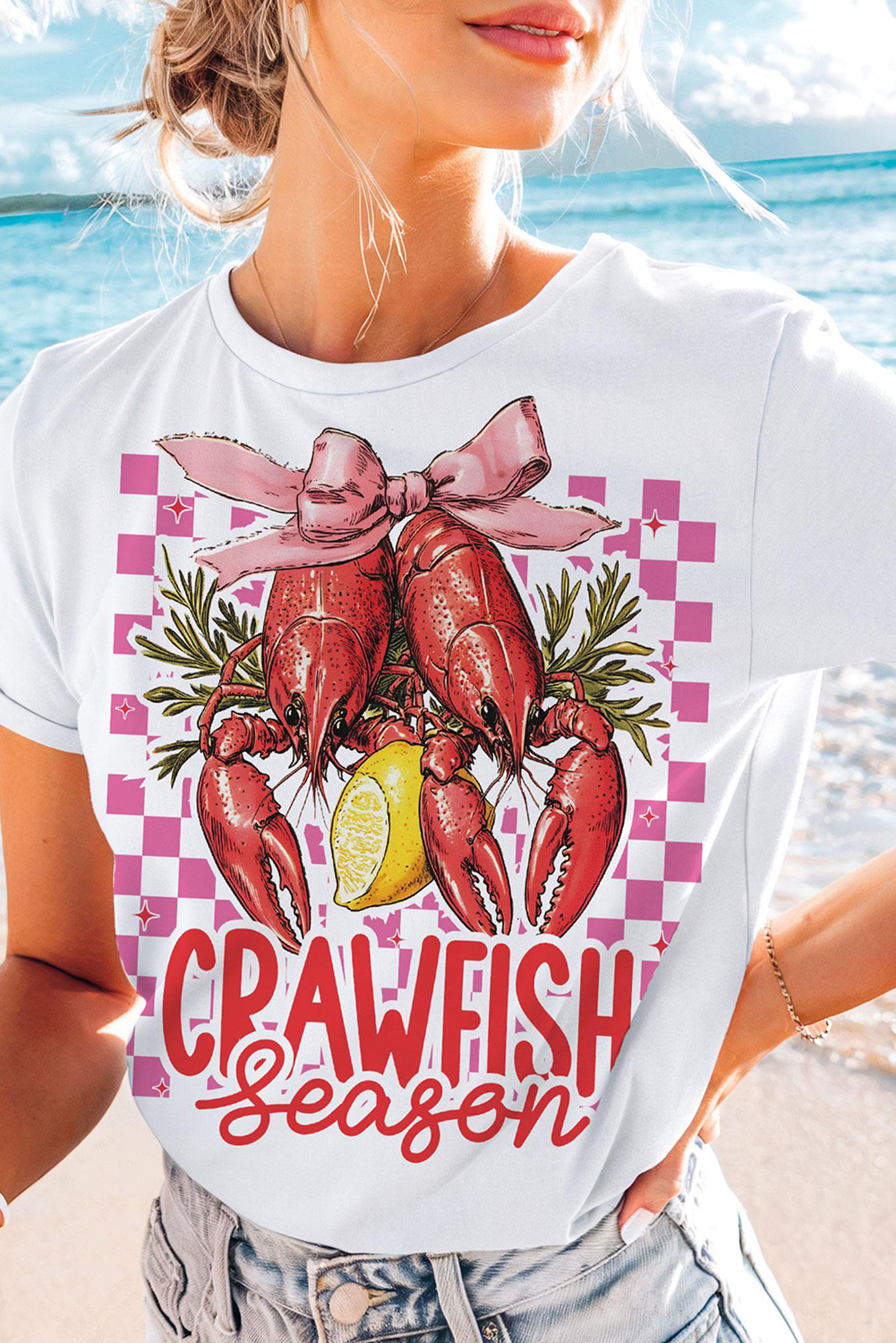 White Checkerboard Bow Crawfish Season Printed Crewneck T Shirt Graphic Tees JT's Designer Fashion