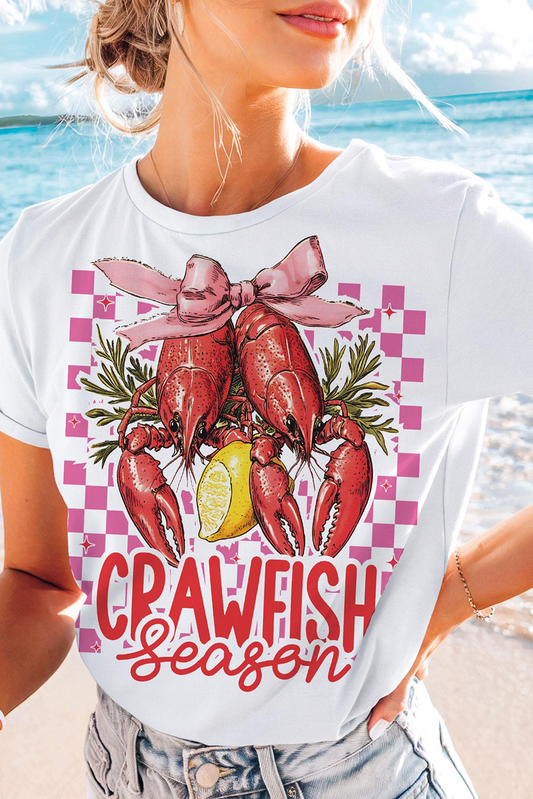 White Checkerboard Bow Crawfish Season Printed Crewneck T Shirt Graphic Tees JT's Designer Fashion