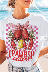 White Checkerboard Bow Crawfish Season Printed Crewneck T Shirt Graphic Tees JT's Designer Fashion