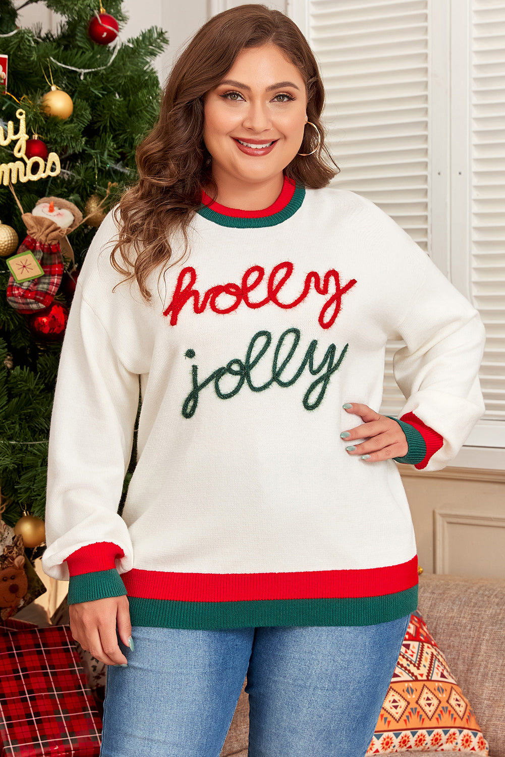 White Tinsel holly jolly Pattern Colorblock Edge Drop Shoulder Plus Size Sweater Plus Size Sweaters & Cardigans JT's Designer Fashion