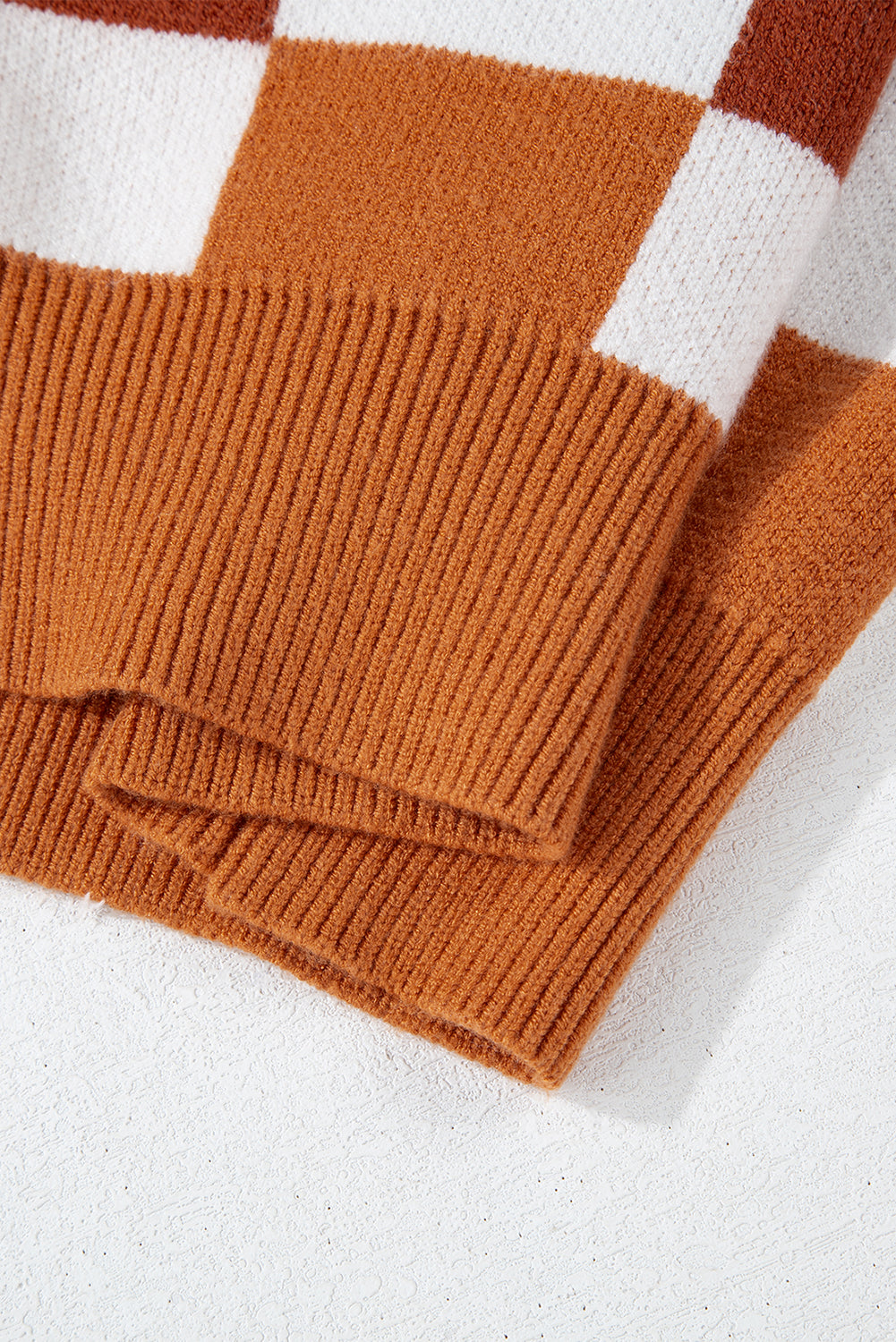 Orange Checkered Ribbed Edge O Neck Drop Shoulder Sweater Sweaters JT's Designer Fashion