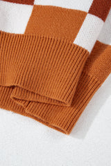 Orange Checkered Ribbed Edge O Neck Drop Shoulder Sweater Sweaters JT's Designer Fashion