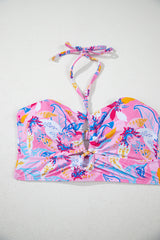 Pink Floral Printed Halter Neck High Waist Bikini High Waisted Swimsuit JT's Designer Fashion