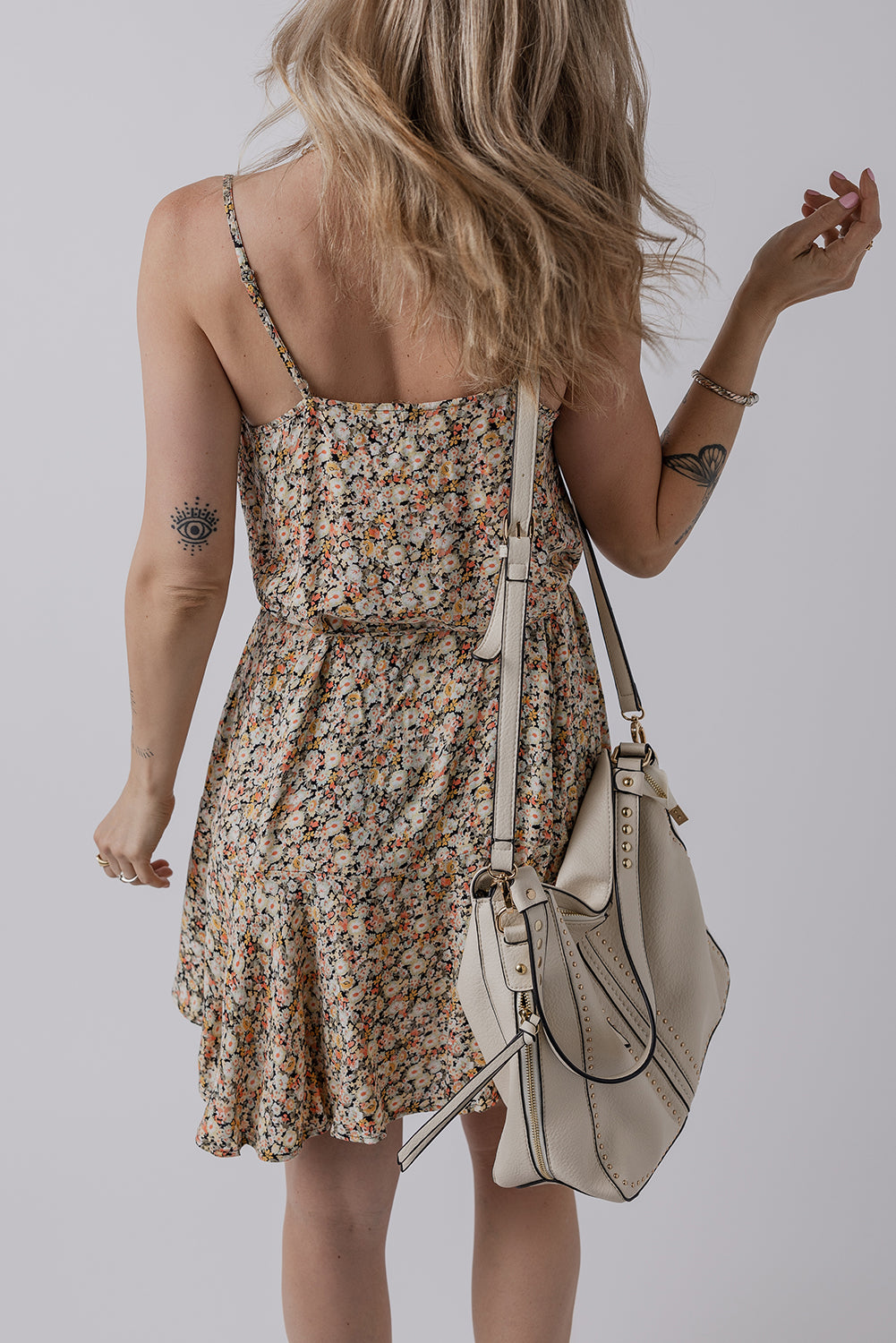 Khaki Boho Floral Printed Tie Waist Flared Sundress Floral Dresses JT's Designer Fashion