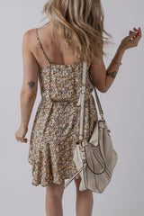 Khaki Boho Floral Printed Tie Waist Flared Sundress Floral Dresses JT's Designer Fashion