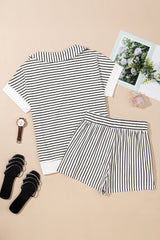 Black Stripe V Neck Tee and Casual Short Set Short Sets JT's Designer Fashion