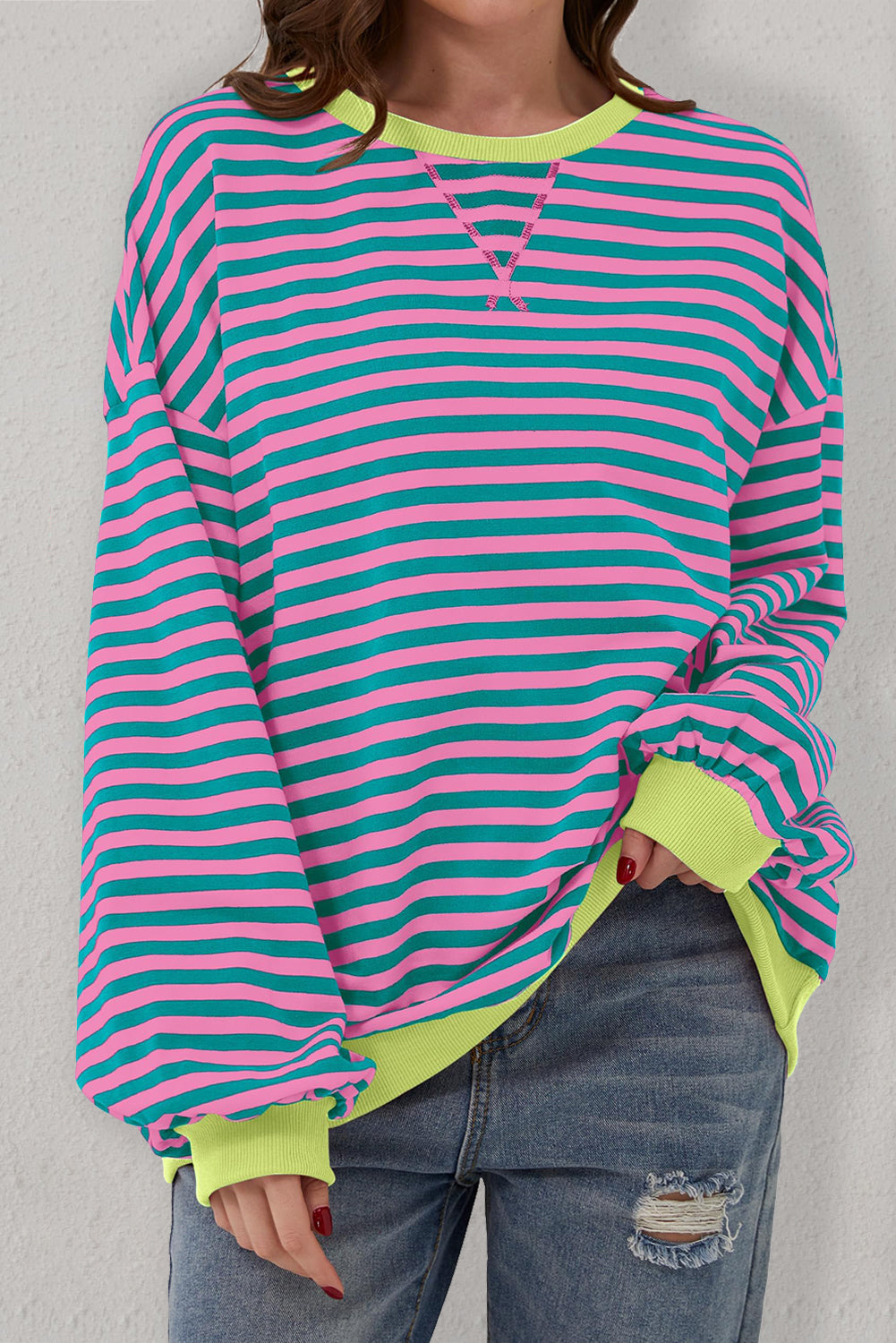 Green Stripe Oversized Contrast Trim Pullover Sweatshirt Sweatshirts & Hoodies JT's Designer Fashion