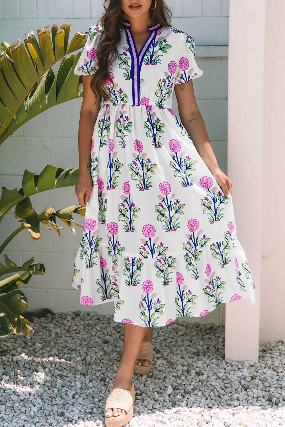 White Floral Puff Short Sleeve V Neck High Waist Maxi Dress Floral Dresses JT's Designer Fashion