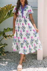 White Floral Puff Short Sleeve V Neck High Waist Maxi Dress Floral Dresses JT's Designer Fashion