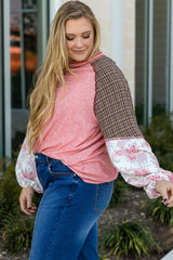 Pink Checkered Paisley Patchwork Raglan Sleeve Seamed Plus Size Top Plus Size Long Sleeve Tops JT's Designer Fashion