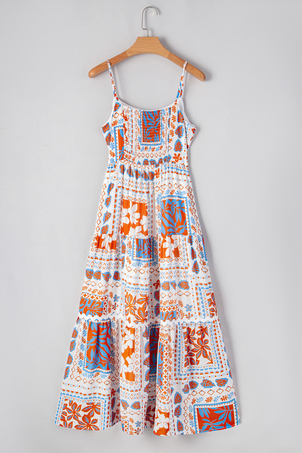 Orange Multi Printed Ricrac Trim Spaghetti Straps Long Dress Maxi Dresses JT's Designer Fashion