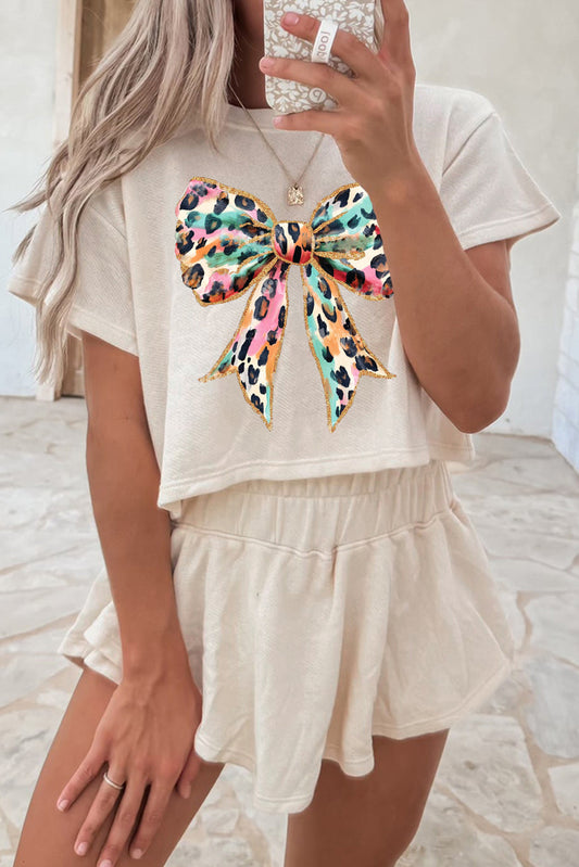 Beige Bold Leopard Bow Print Loose Tee and Skort 2pcs Set Beige 75%Polyester+20%Cotton+5%Elastane Graphic Sets JT's Designer Fashion