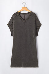 Carbon Grey Corded V Neck Plus Size T Shirt Dress with Pockets Plus Size Mini Dresses JT's Designer Fashion